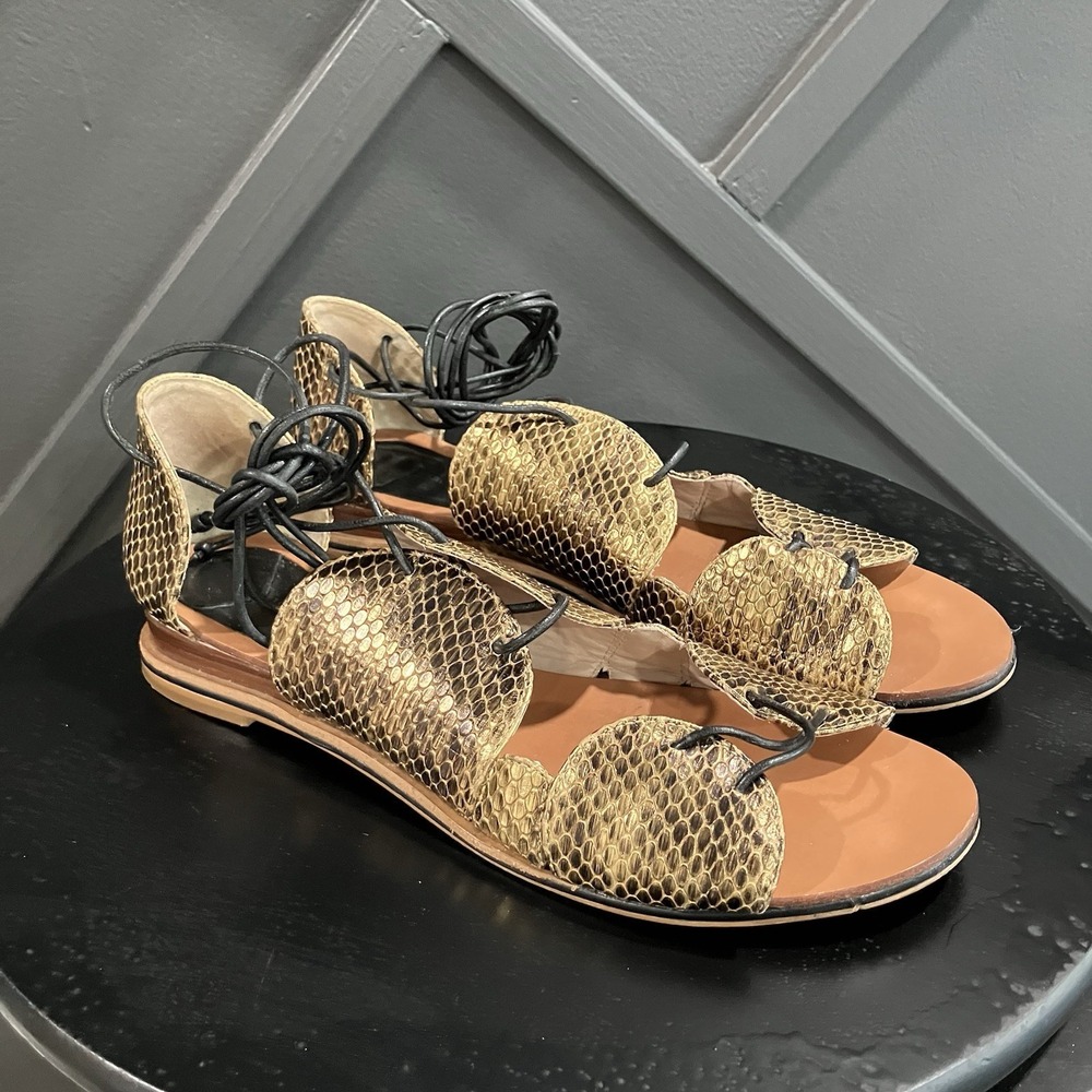 Crosby Derek Lam Snakeskin Print Lace Up Gladiator Sandals Ankle Wrap Flats